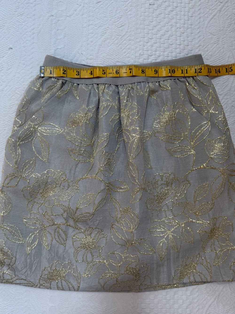 Women’s Gold Metallic Floral Brocade A-Line Skirt Elastic Waist XS Has Pockets!